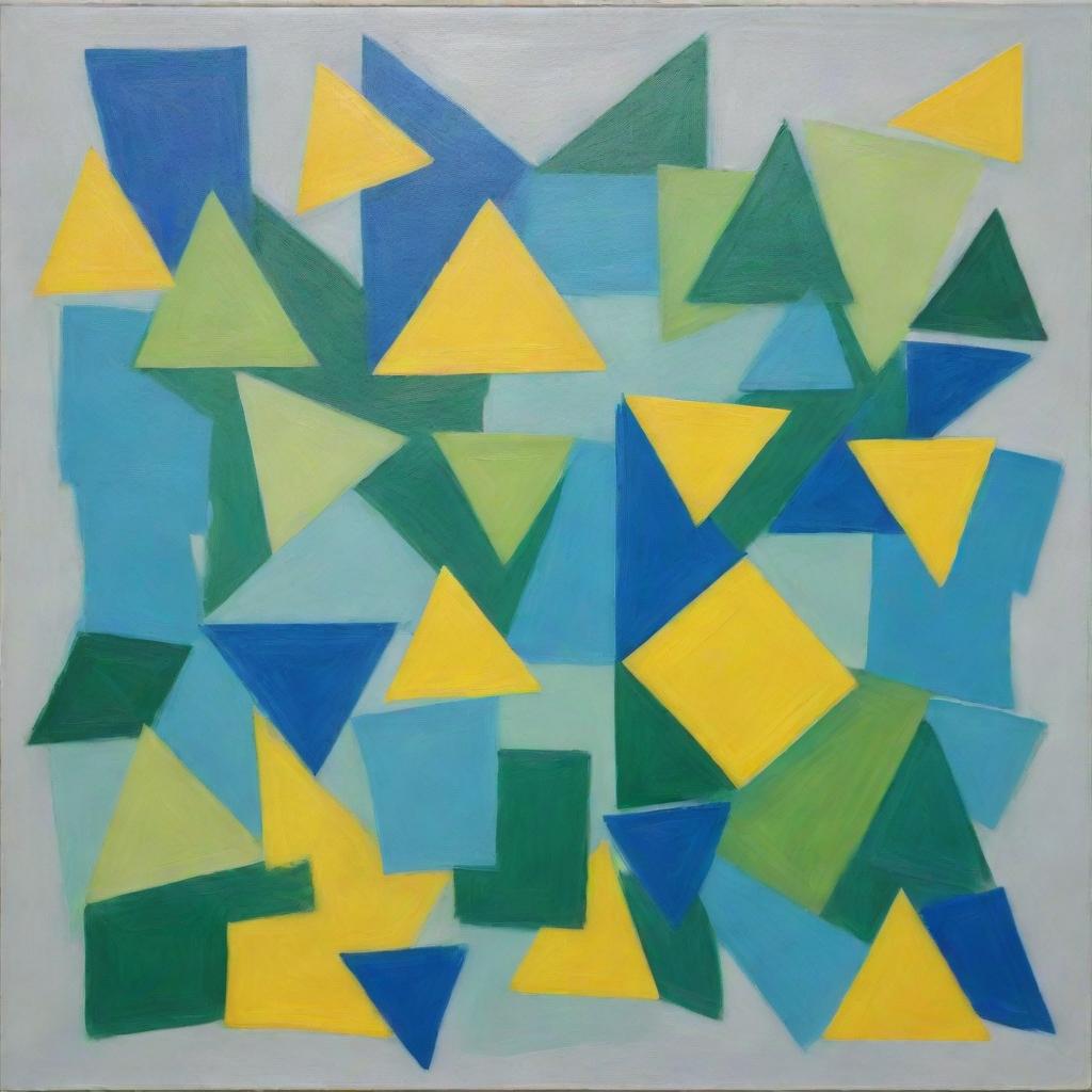 An artistic representation of regularly stacked, overlapping squares and triangles in clear, distinct shapes. Colors are unblended green, blue, and bright yellow. Squares are emphasized in this creative, random method painting.