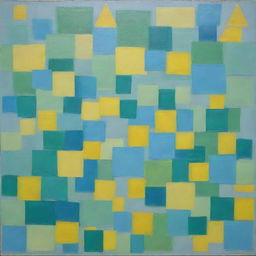 An artistic representation of regularly stacked, overlapping squares and triangles in clear, distinct shapes. Colors are unblended green, blue, and bright yellow. Squares are emphasized in this creative, random method painting.