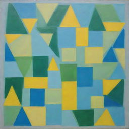 An artistic representation of regularly stacked, overlapping squares and triangles in clear, distinct shapes. Colors are unblended green, blue, and bright yellow. Squares are emphasized in this creative, random method painting.