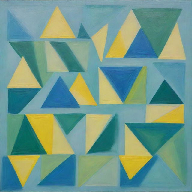 An artistic representation of regularly stacked, overlapping squares and triangles in clear, distinct shapes. Colors are unblended green, blue, and bright yellow. Squares are emphasized in this creative, random method painting.