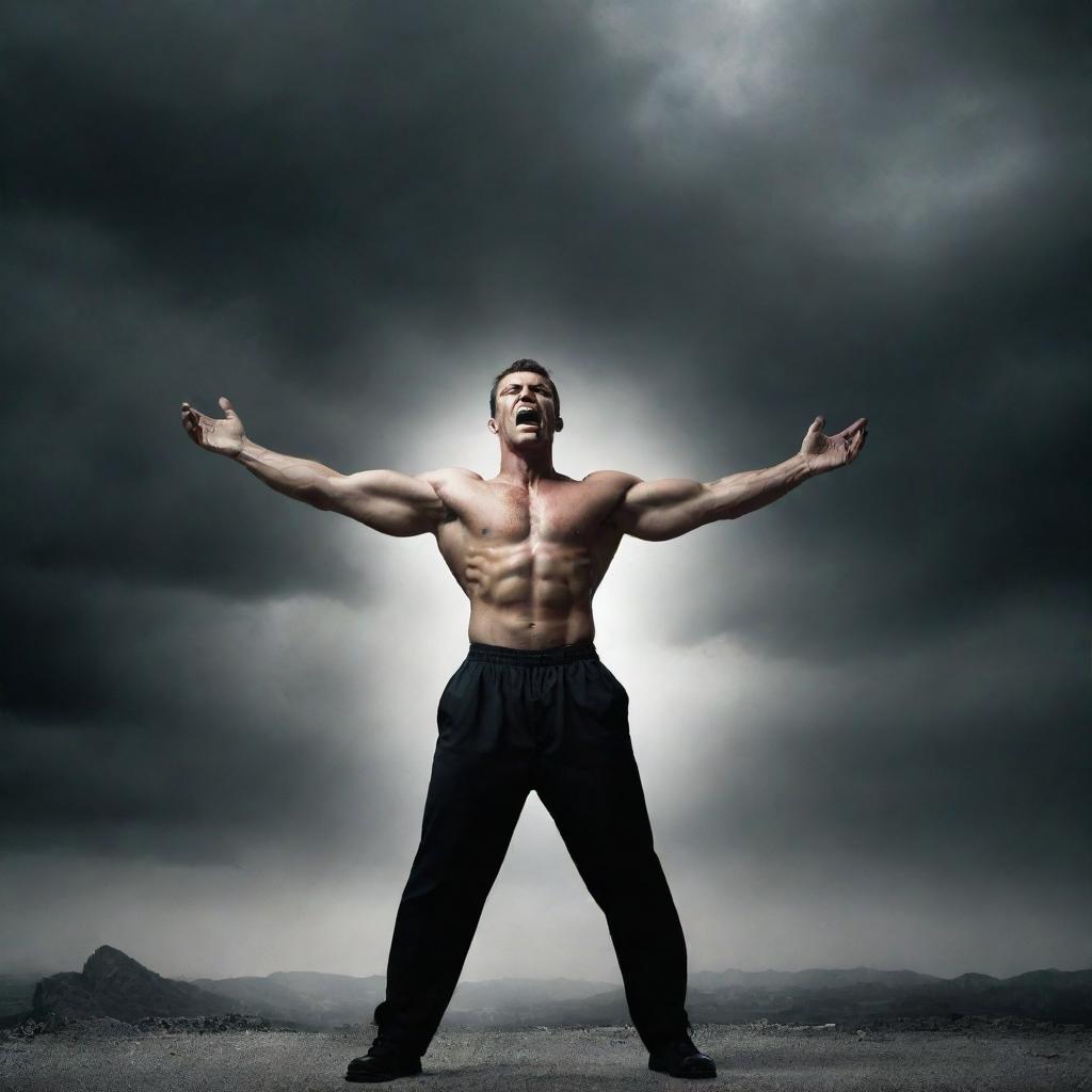 A strong and imposing man standing in a dominant position with his arms spread, expressing intense anger and power, against a dramatic backdrop.