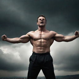 A strong and imposing man standing in a dominant position with his arms spread, expressing intense anger and power, against a dramatic backdrop.