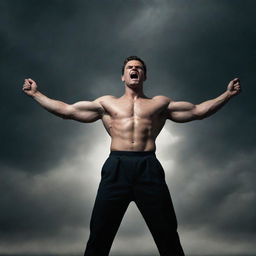 A strong and imposing man standing in a dominant position with his arms spread, expressing intense anger and power, against a dramatic backdrop.