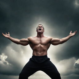 A strong and imposing man standing in a dominant position with his arms spread, expressing intense anger and power, against a dramatic backdrop.