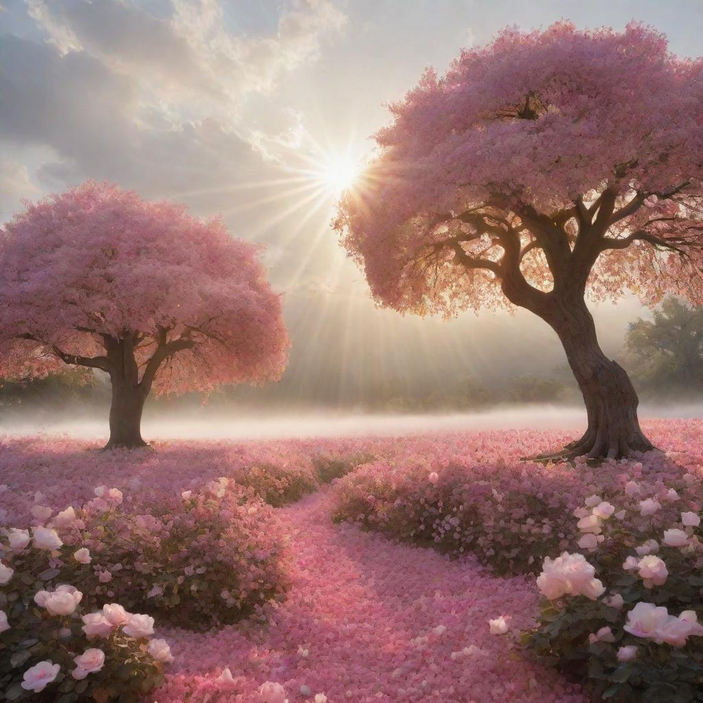 A dreamlike world where sunrays take the form of rose petals and trees resemble flowing cotton in the breeze, set against a horizon landscape