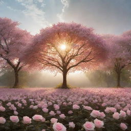 A dreamlike world where sunrays take the form of rose petals and trees resemble flowing cotton in the breeze, set against a horizon landscape