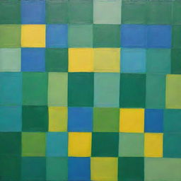 A painting of a creatively overlapping, regularly stacked mix of squares, triangles, and circles. Painted using a random method, the vivid unblended colors are green, blue, and bright yellow. The squares are particularly distinct.