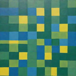 A painting of a creatively overlapping, regularly stacked mix of squares, triangles, and circles. Painted using a random method, the vivid unblended colors are green, blue, and bright yellow. The squares are particularly distinct.