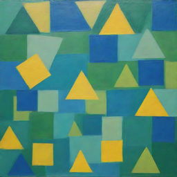 A painting of a creatively overlapping, regularly stacked mix of squares, triangles, and circles. Painted using a random method, the vivid unblended colors are green, blue, and bright yellow. The squares are particularly distinct.