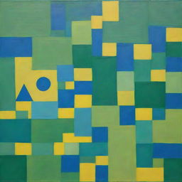 A painting of a creatively overlapping, regularly stacked mix of squares, triangles, and circles. Painted using a random method, the vivid unblended colors are green, blue, and bright yellow. The squares are particularly distinct.