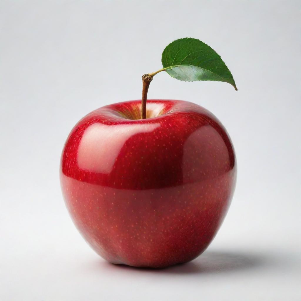 A realistic, shiny, and perfectly shaped red apple with a green leaf on top, set against a white background.