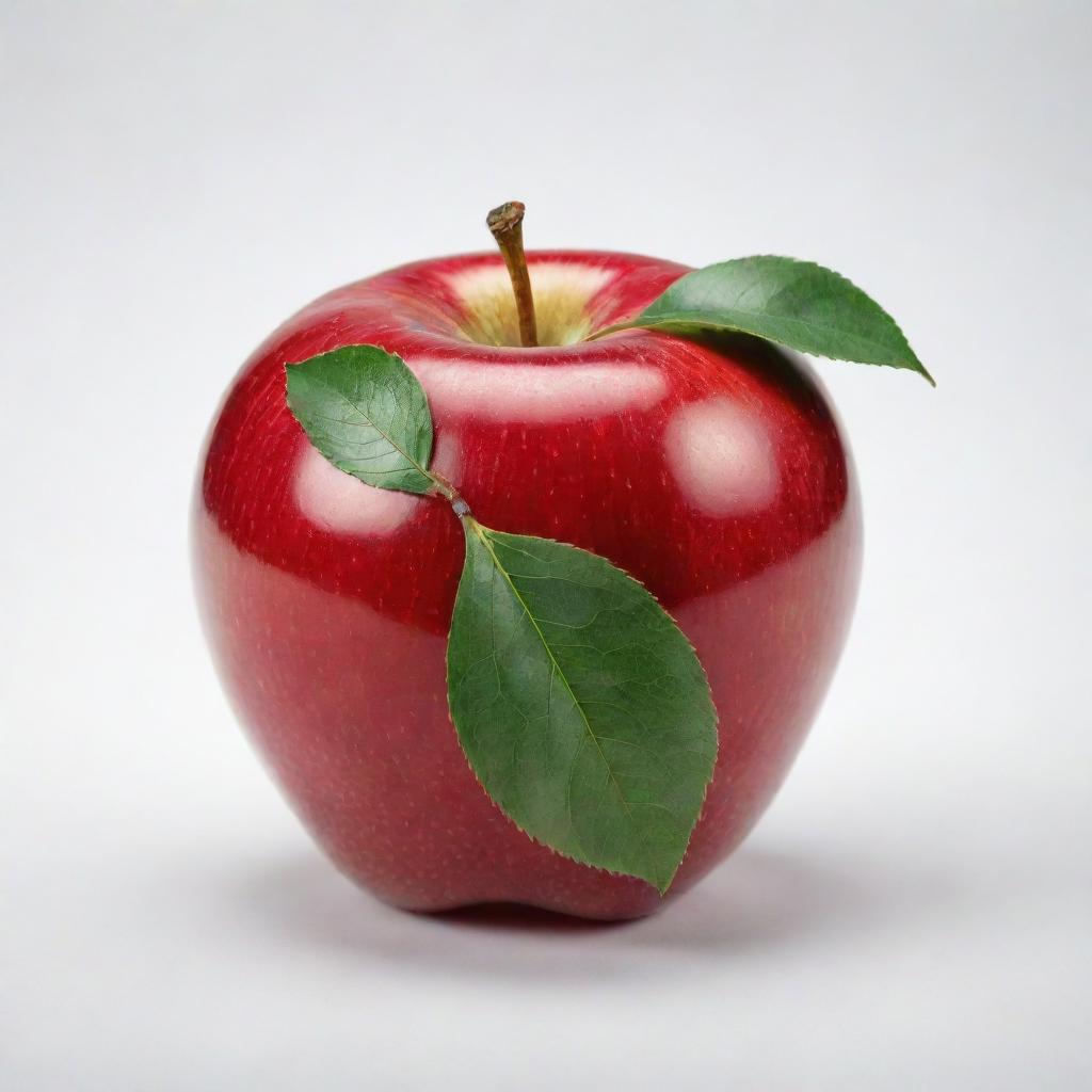 A realistic, shiny, and perfectly shaped red apple with a green leaf on top, set against a white background.