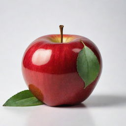 A realistic, shiny, and perfectly shaped red apple with a green leaf on top, set against a white background.