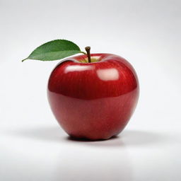 A realistic, shiny, and perfectly shaped red apple with a green leaf on top, set against a white background.