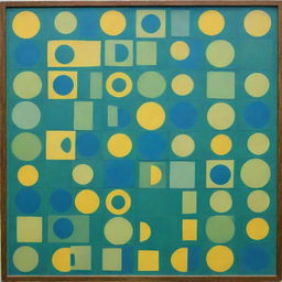 A board featuring an abstract design of circles, triangles, and squares, colored in vibrant hues of green, blue, and yellow.