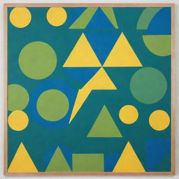 A board featuring an abstract design of circles, triangles, and squares, colored in vibrant hues of green, blue, and yellow.