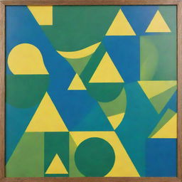 A board featuring an abstract design of circles, triangles, and squares, colored in vibrant hues of green, blue, and yellow.