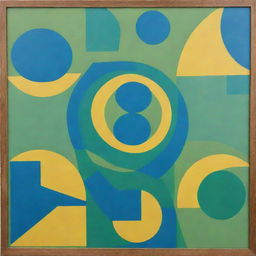 A board featuring an abstract design of circles, triangles, and squares, colored in vibrant hues of green, blue, and yellow.