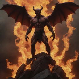 A devilish figure, standing atop a precipice with arm spread wide in defiance, emanating anger and power, with a backdrop of hellish flames.