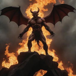 A devilish figure, standing atop a precipice with arm spread wide in defiance, emanating anger and power, with a backdrop of hellish flames.