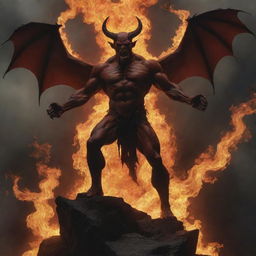 A devilish figure, standing atop a precipice with arm spread wide in defiance, emanating anger and power, with a backdrop of hellish flames.