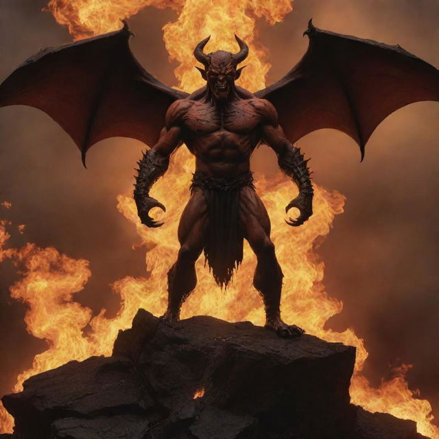 A devilish figure, standing atop a precipice with arm spread wide in defiance, emanating anger and power, with a backdrop of hellish flames.