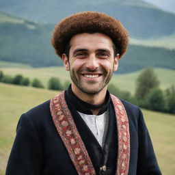 A traditional Georgian man in national dress, exuding an air of warmth and hospitality as he smiles. His surroundings should echo the rich culture and nature of Georgia.