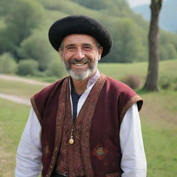 A traditional Georgian man in national dress, exuding an air of warmth and hospitality as he smiles. His surroundings should echo the rich culture and nature of Georgia.