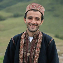 A traditional Georgian man in national dress, exuding an air of warmth and hospitality as he smiles. His surroundings should echo the rich culture and nature of Georgia.