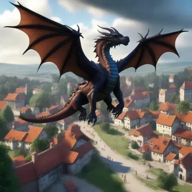 The dragon flew over the meagrely populated village, casting a shadow of mystery and enchantment.