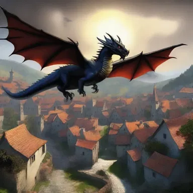 The dragon flew over the meagrely populated village, casting a shadow of mystery and enchantment.