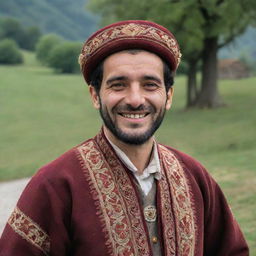 A traditional Georgian man in national dress, exuding an air of warmth and hospitality as he smiles. His surroundings should echo the rich culture and nature of Georgia.