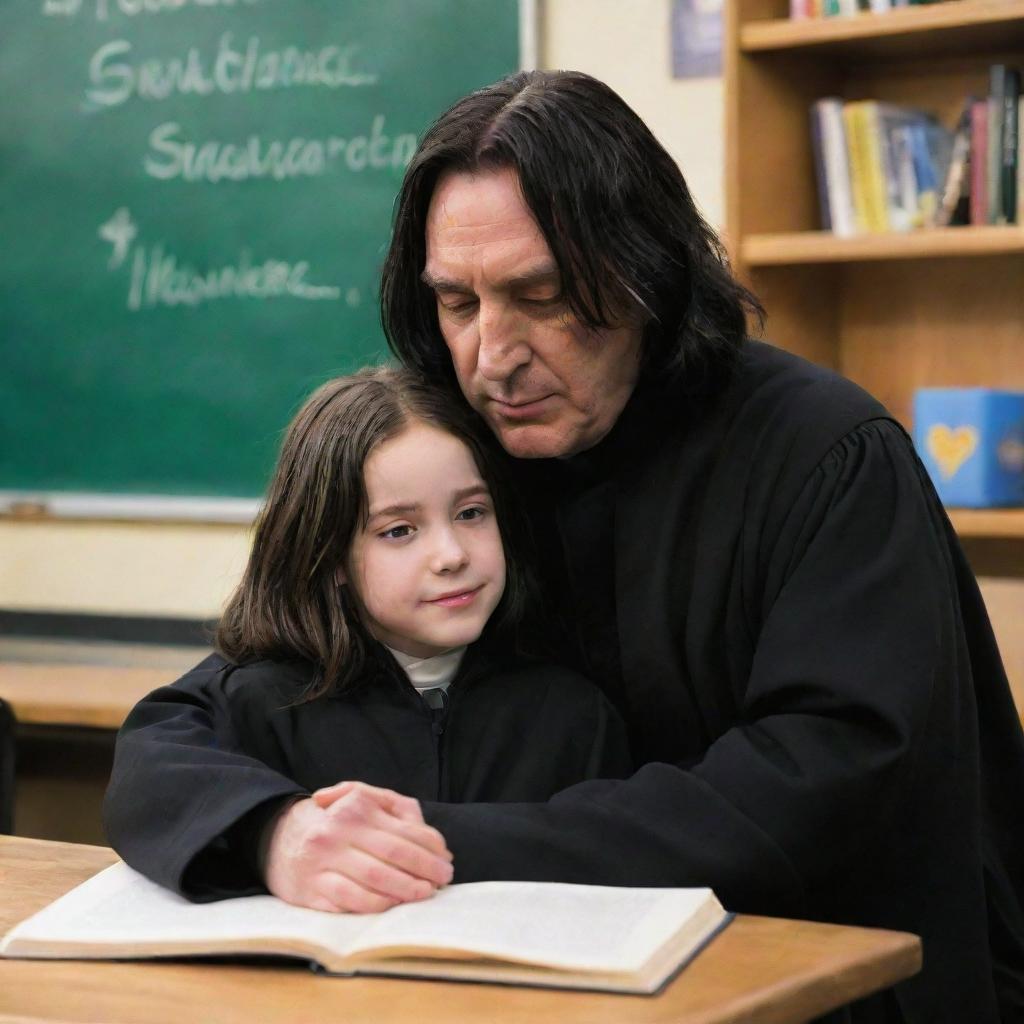 Severus Snape, the fictional character from Harry Potter, in his distinctive black robe, hugging a young girl who is wearing a Hogwarts uniform. Both are in a warmly lit classroom lined with magical books and potions.