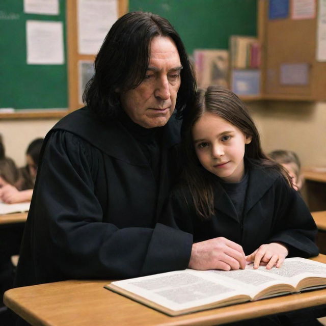 Severus Snape, the fictional character from Harry Potter, in his distinctive black robe, hugging a young girl who is wearing a Hogwarts uniform. Both are in a warmly lit classroom lined with magical books and potions.