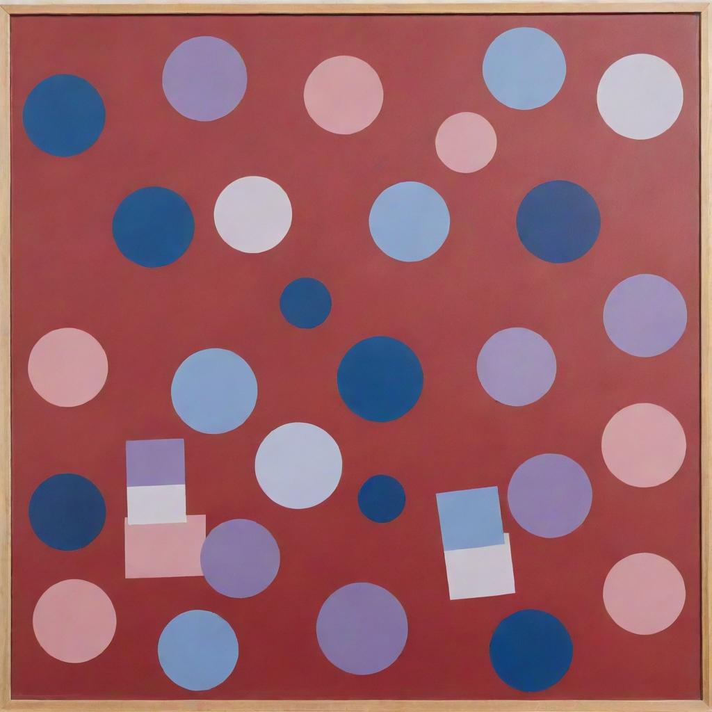 A board adorned with an abstract design of circles, triangles, and squares, illustrated in dynamic shades of red, blue, and light purple.