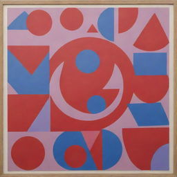 A board adorned with an abstract design of circles, triangles, and squares, illustrated in dynamic shades of red, blue, and light purple.