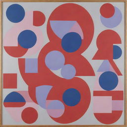 A board adorned with an abstract design of circles, triangles, and squares, illustrated in dynamic shades of red, blue, and light purple.