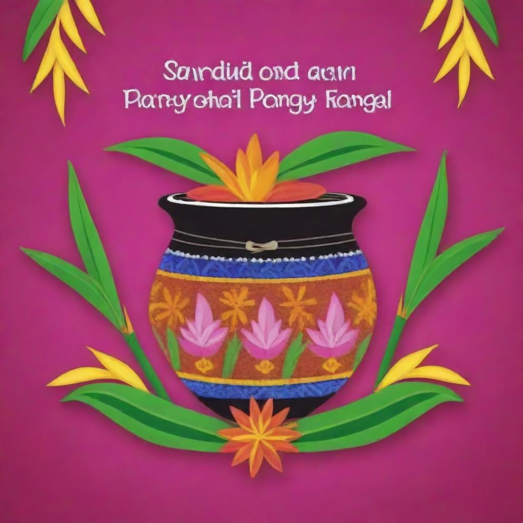 Create a festive poster celebrating Pongal with a colourful kolam design, a decorated Pongal pot, sugarcane and a warm message of Pongal wishes