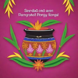 Create a festive poster celebrating Pongal with a colourful kolam design, a decorated Pongal pot, sugarcane and a warm message of Pongal wishes