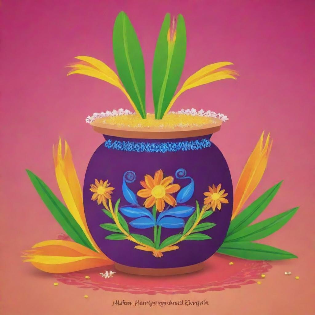 Create a festive poster celebrating Pongal with a colourful kolam design, a decorated Pongal pot, sugarcane and a warm message of Pongal wishes