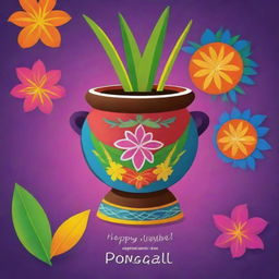 Create a festive poster celebrating Pongal with a colourful kolam design, a decorated Pongal pot, sugarcane and a warm message of Pongal wishes