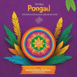 Create a festive poster celebrating Pongal with a colourful kolam design, a decorated Pongal pot, sugarcane and a warm message of Pongal wishes