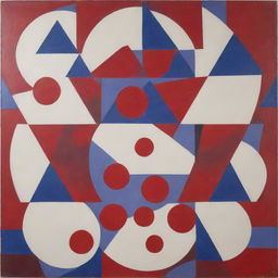 A board featuring an abstract design of circles, triangles, and squares in vibrant shades of red, blue, purple, and white.