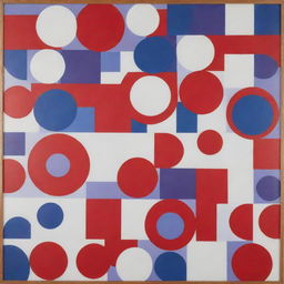 A board featuring an abstract design of circles, triangles, and squares in vibrant shades of red, blue, purple, and white.