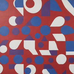 A board featuring an abstract design of circles, triangles, and squares in vibrant shades of red, blue, purple, and white.