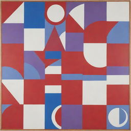 A board featuring an abstract design of circles, triangles, and squares in vibrant shades of red, blue, purple, and white.