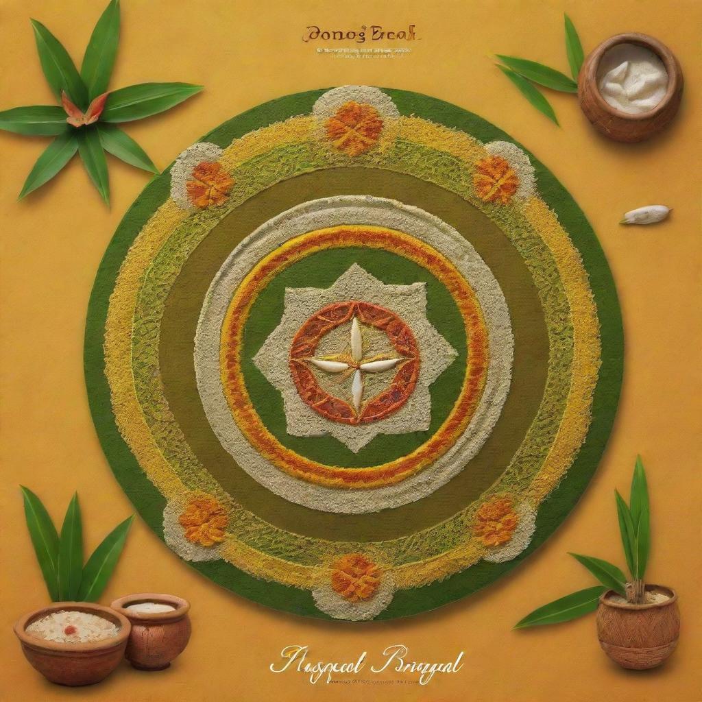 Render a realistic and authentic Pongal celebration poster featuring a faithfully detailed kolam design, a Pongal pot adorned traditionally, genuine sugarcane and heartfelt written wishes for Pongal