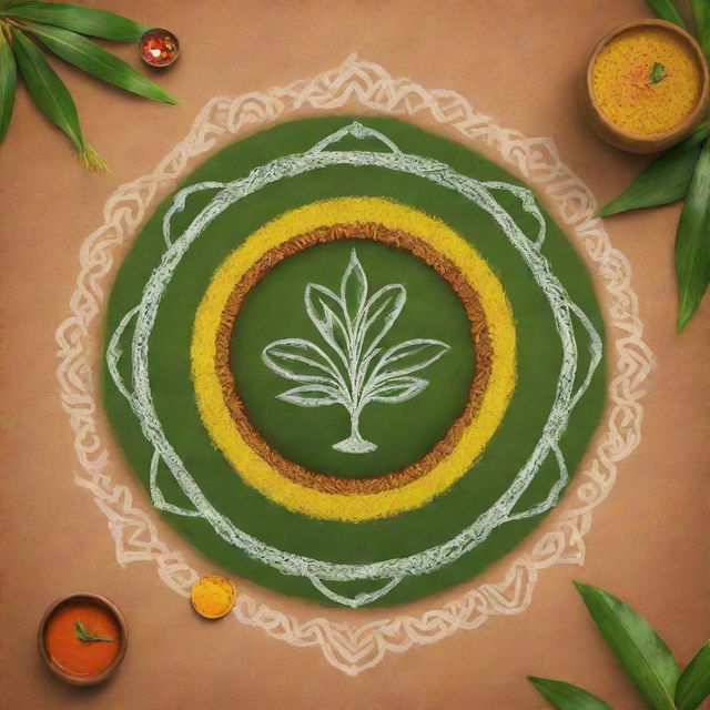 Render a realistic and authentic Pongal celebration poster featuring a faithfully detailed kolam design, a Pongal pot adorned traditionally, genuine sugarcane and heartfelt written wishes for Pongal