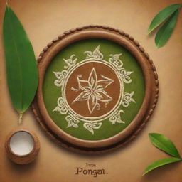 Render a realistic and authentic Pongal celebration poster featuring a faithfully detailed kolam design, a Pongal pot adorned traditionally, genuine sugarcane and heartfelt written wishes for Pongal