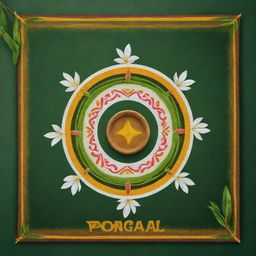 Render a realistic and authentic Pongal celebration poster featuring a faithfully detailed kolam design, a Pongal pot adorned traditionally, genuine sugarcane and heartfelt written wishes for Pongal